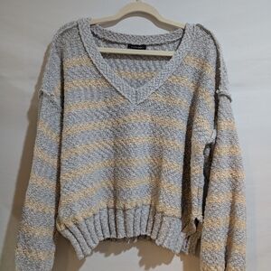 Papermoon Textured V-Neck Sweater Light Blue/Cream Stripes Preppy